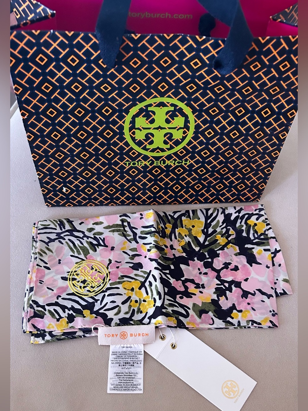 Tory Burch Flower Field Pink Yellow 100% Silk Scarf NWT